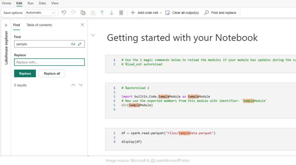 Screenshot of the Notebook tool in MS Fabric